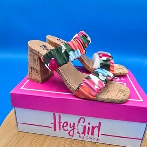 Hey Girl Corkys Tropic Like Its Hot Floral Fabric Cork Heel Sandals Womens 7 NEW